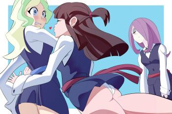 absurdres blonde_hair brown_hair chadgarciaburg diana_cavendish highres kagari_atsuko kiss little_witch_academia panties pantyshot pink_hair school_uniform sucy_manbavaran thighs underwear upskirt yuri