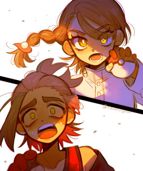 1boy 1girl absurdres bare_shoulders black_hair braid brown_eyes brown_hair furrowed_brow gloves highres holding holding_poke_ball jacket juliana_(pokemon) kieran_(pokemon) loose_hair_strand lower_teeth_only mole mole_on_neck multicolored_hair nintendo partially_fingerless_gloves pointing poke_ball poke_ball_(basic) pokemon pokemon_sv ponytail purple_hair red_tank_top shouting single_braid sweat tank_top teeth thick_eyebrows tisanntisyou turtleneck turtleneck_jacket two-tone_hair upper_teeth_only white_background wind wind_lift yellow_eyes