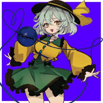 Rule 34 | 1girl, anderson m0311, black hat, border, breasts, buttons, collared shirt, commentary request, diamond button, eyeball, frilled shirt collar, frilled skirt, frilled sleeves, frills, green eyes, green hair, green skirt, hat, hat ribbon, heart, heart-shaped pupils, heart of string, highres, komeiji koishi, large breasts, long sleeves, looking at viewer, open mouth, outstretched arms, ribbon, shirt, skirt, smile, solo, spread arms, symbol-shaped pupils, third eye, touhou, white border, yellow ribbon, yellow shirt