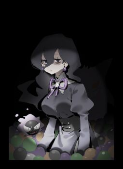 1girl bags_under_eyes ball_pit black_background black_corset black_dress black_hair breasts corset dress earrings floating_hair gastly gen_1_pokemon hair_between_eyes hex_maniac_(pokemon) hex_maniac_(pokemon_legends:_z-a) jewelry juliet_sleeves large_breasts long_hair long_sleeves looking_at_viewer nintendo parted_lips pokemon pokemon_(creature) pokemon_legends:_z-a puffy_sleeves purple_eyes raine_(acke2445) shaded_face solo