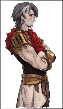 Rule 34 | 1boy, absurdres, ancient greek clothes, beard, black hair, commentary request, crossed arms, facial hair, from side, greco-roman clothes, highres, himation, honkai: star rail, honkai (series), kei (soundcross), krateros (honkai: star rail), male focus, muscular, muscular male, mustache, old, old man, scar, scar on face, simple background, solo, white background