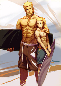 Rule 34 | 2boys, abs, absurdres, age difference, bara, beard, blonde hair, blue eyes, facial hair, father and son, hand on another's shoulder, height difference, highres, holding, holding surfboard, large pectorals, male focus, male swimwear, manly, mature male, multiple boys, muscular, muscular male, navel, navel hair, nipples, original, pectorals, short hair, smile, surfboard, swim trunks, topless male, wincalblanke
