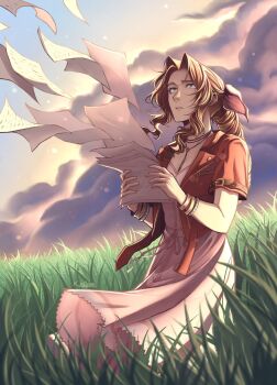 1girl aerith_gainsborough blue_sky bracelet braid braided_ponytail brown_hair cloud cloudy_sky commentary crisis_core:_final_fantasy_vii dress feet_out_of_frame final_fantasy final_fantasy_vii final_fantasy_vii_remake grass green_eyes hair_ribbon hashtag-only_commentary highres holding holding_letter jacket jewelry k_n0pee letter long_hair looking_up open_clothes open_jacket outdoors parted_lips pink_dress pink_ribbon red_jacket ribbon short_sleeves sky solo symbol-only_commentary wind