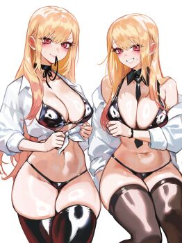 1girl absurdres alternate_costume bikini black_bikini black_choker black_thighhighs blonde_hair breasts choker clenched_teeth foolish_potato hashtag-only_commentary highres kitagawa_marin large_breasts looking_at_viewer multiple_views red_eyes shirt sono_bisque_doll_wa_koi_wo_suru swimsuit teeth thighhighs white_shirt