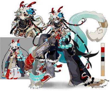 1boy absurdres animal_ears black_coat black_eyes black_pants closed_mouth cloud_(lufaeris) coat color_guide commentary dragon_boy dragon_horns dragon_tail english_commentary flower grey_hair hair_flower hair_ornament heterochromia highres horns looking_at_viewer male_focus multiple_views original pale_skin pants red_pupils red_shoes shoes tail white_background white_eyes yin_yang