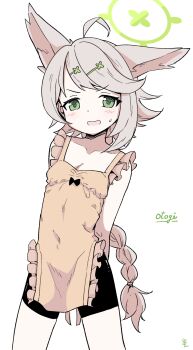1girl absurdres ahoge animal_ears apron bike_shorts black_bow black_shorts blonde_hair blue_archive blush bow bow_apron breasts character_name cowboy_shot fox_ears fox_girl green_eyes green_halo halo highres kame-san_(kmowak) long_hair nearly_naked_apron open_mouth otogi_(blue_archive) ponytail shorts small_breasts solo very_long_hair