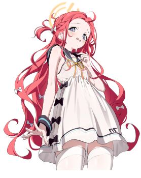1girl 2t_(vmyz7342) absurdres arm_at_side bare_arms black_bow black_sailor_collar blue_archive blush bow braid commentary_request dress forehead hair_bow halo highres looking_at_viewer looking_down multiple_hair_bows open_mouth purple_eyes red_hair ribbon sailor_collar side_braid simple_background solo thighhighs thighs white_background white_bow white_dress white_thighhighs wrist_cuffs yellow_halo yellow_ribbon yuzu_(blue_archive)