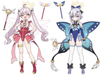 2girls absurdres ahoge bare_shoulders bell blue_eyes blue_leotard blush boots bow breasts choker detached_sleeves ebora fate/kaleid_liner_prisma_illya fate_(series) full_body gloves hair_bow hair_ornament hairclip halo highleg highleg_leotard highres jewelry jingle_bell kaleidostick leotard long_hair looking_at_viewer magical_ruby magical_sapphire multiple_girls open_mouth personification red_eyes red_leotard short_hair small_breasts smile thighhighs thighlet twintails wand white_gloves white_hair white_thighhighs wings