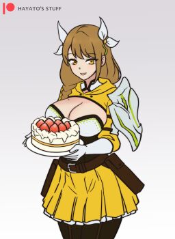 Rule 34 | 1girl, absurdres, black corset, braid, breasts, cake, corset, fire emblem, fire emblem engage, food, fruit, goldmary (fire emblem), hayato stuff, highres, holding, holding cake, holding food, hooded top, large breasts, low ponytail, nintendo, ponytail, ribbon, side ponytail, single shoulder pad, skirt, strawberry, white ribbon, yellow skirt