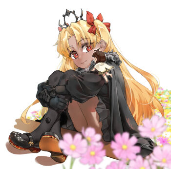 1boy 1girl black_cape black_thighhighs blonde_hair brown_hair cape commentary_request convenient_censoring ereshkigal_(fate) ereshkigal_alter_(fate) fate/grand_order fate_(series) flower full_body gloves highres hugging_own_legs looking_at_another mary_janes mini_person miniboy red_eyes rori_chuushin shoes sitting smile thighhighs tiara warashi_(fate)