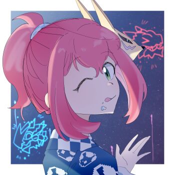 Rule 34 | digimon, digimon linkz, digitama, egg, fox mask, green eyes, highres, japanese clothes, jazamon, kimono, kurihara hina, mask, medium hair, one eye closed, pink hair, pixiv user (15509498), renamon, short hair, tongue, tongue out, vorvomon, wink