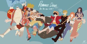 Rule 34 | 2girls, 6+boys, antlers, arms up, ascot, bandana, black suit, blue ascot, blue shorts, brook (one piece), cloud, commentary, cross, crossed arms, crown, denim, floral print, formal clothes, franky (one piece), full body, green kimono, hat, highres, hood, horns, japanese clothes, jeans, kimono, long hair, monkey d. luffy, multiple boys, multiple girls, nami (one piece), nami (one piece) (return to sabaody), nico robin, nico robin (return to sabaody), one piece, only op2024, pants, pink hat, pink sarong, red shirt, reindeer antlers, roronoa zoro, sanji (one piece), sarong, scar, scar on chest, shirt, shorts, skeleton, straw hat pirates, suit, tony tony chopper, twitter username, usopp