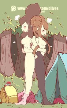 2girls animated animated_gif ass ass-to-ass back-to-back bag bare_shoulders black_legwear blue_eyes blush bouncing_breasts breasts brown_hair bush closed_eyes covered_erect_nipples diives dildo double_bun double_dildo forest from_side full_body grass hair_bun half-closed_eyes heavy_breathing hilda_(pokemon) locked_arms medium_breasts multiple_girls nature nintendo nipples nude outdoors pantyhose patreon_logo poke_ball pokemon pokemon_bw pokemon_bw2 ponytail pussy_juice rosa_(pokemon) sex_toy socks tent torn_clothes torn_legwear tree watermark yuri