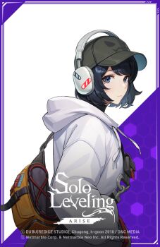 Rule 34 | 1girl, blue eyes, blue hair, blush, female focus, han song-yi, looking at viewer, multicolored background, picture frame, short hair, solo leveling, text focus, text print