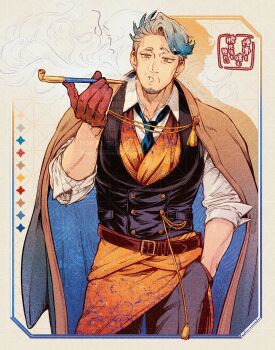 1boy aiguillette belt black_pants black_vest blue_cape blue_hair blue_necktie blue_streaks brown_belt brown_cape brown_gloves buttons cape collared_shirt double-breasted facial_hair fate/grand_order fate_(series) gloves goatee gradient_cape highres holding holding_smoking_pipe katsu_kaishuu_(fate) male_focus mature_male momochi_(bmbmomomo) multicolored_hair necktie old old_man orange_robe pants robe shirt simple_background sleeves_rolled_up smoke smoke_trail smoking_pipe solo star_(symbol) streaked_hair two-tone_cape two-tone_hair vest waistcoat white_background white_hair white_shirt