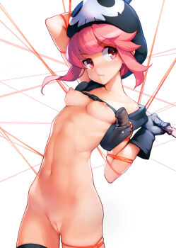 1girl arm_up ataruman black_gloves blush breasts cleft_of_venus collarbone gloves hat highres jakuzure_nonon kill_la_kill knife life_fiber looking_at_viewer navel nipples nudist_beach_uniform pink_eyes pink_hair pussy simple_background small_breasts solo standing string uncensored white_background