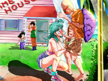 1girl 3boys ^_^ age_difference aqua_hair aqua_legwear arms_behind_head arms_up bald barefoot beard black_hair blush boots breasts bulma caterwaul censored closed_eyes clothed_sex clothes_pull collared_shirt cutoffs day door dragon_ball facial_hair feet fellatio full-face_blush full_body grass green_hair hat house kame_house large_breasts legs licking long_hair looking_at_another looking_away looking_down medium_breasts midriff mosaic_censoring multiple_boys mustache muten_roushi netorare nipples no_bra ocean old old_man one_side_up open_mouth oral orange_shirt outdoors palm_tree penis pink_footwear pink_shirt porch shadow shirt shirt_pull shoes short_sleeves shorts shorts_pull side_ponytail sky sneakers socks son_goku spiked_hair squatting standing stealth straw_hat sunglasses sweat tank_top thighs toes tree turtle_shell unbuttoned unzipped water wet white_curtains window yamcha