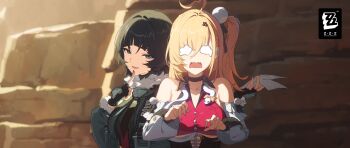 Rule 34 | 2girls, ahoge, animal ears, black hair, blonde hair, chalky (zenless zone zero), cissia (zenless zone zero), hair between eyes, hair ornament, highres, jane doe (zenless zone zero), long hair, mouse ears, mouse girl, multiple girls, official art, one side up, open mouth, pom pom (clothes), pom pom hair ornament, red eyes, smile, snake, tail, upper body, white snake, zenless zone zero