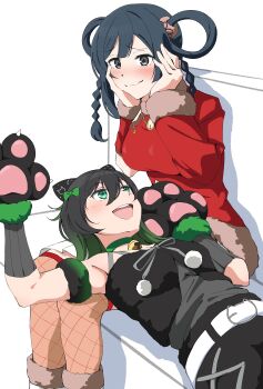 2girls :d absurdres animal_hands arm_up armpits bare_shoulders black_gloves black_hair black_shorts blue_hair boots bow breasts chinese_zodiac cleavage closed_mouth fishnet_thighhighs fishnets fur-trimmed_boots fur_trim gloves green_bow green_eyes grey_eyes hair_bow hair_rings hands_on_own_cheeks hands_on_own_face highres lap_pillow large_breasts looking_at_another love_live! love_live!_nijigasaki_high_school_idol_club medium_breasts multiple_girls open_mouth over-kneehighs paw_gloves red_shirt red_thighhighs shirt shorts smile takasaki_yu thighhighs uchuu_no_mozuku wavy_mouth yuki_setsuna yuri