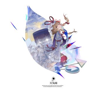 1girl blonde_hair bow breasts brown_eyes dress english_text frills from_side gap_(touhou) hair_bow hand_fan hand_up hat hat_ribbon highres holding holding_fan juliet_sleeves long_sleeves looking_at_viewer medium_breasts mob_cap puffy_sleeves purple_pupils purple_tabard red_bow red_ribbon reeh_(yukuri130) ribbon short_hair_with_long_locks sidelocks sign smile solo sun_symbol tabard teeth touhou train white_dress white_hat wide_sleeves yakumo_yukari