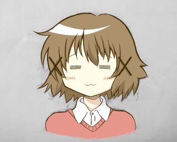 Rule 34 | 1girl, :3, blush, brown hair, closed eyes, female focus, grey background, hair ornament, hairclip, hidamari sketch, highres, octaplex, simple background, solo, upper body, yuno (hidamari sketch)