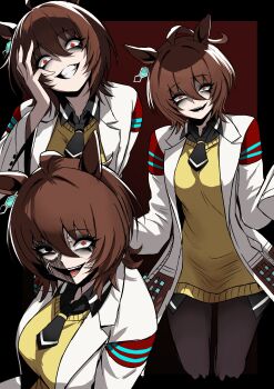 Rule 34 | 1girl, absurdres, agnes tachyon (tach-nology) (umamusume), agnes tachyon (umamusume), ahoge, animal ears, black pantyhose, breasts, brown hair, chemical structure, coat, cork, earrings, evil grin, evil smile, grin, hair between eyes, hand on own face, highres, horse ears, horse girl, huge ahoge, jewelry, lab coat, long sleeves, medium hair, nagai negi, necktie, open mouth, pantyhose, red eyes, shaded face, short necktie, single earring, sleeves past fingers, sleeves past wrists, smile, sweater, sweater vest, teeth, test tube, umamusume, white coat, yellow sweater, yellow sweater vest