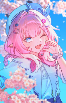 Rule 34 | 1girl, blue eyes, blue sky, blurry, blurry background, blurry foreground, cherry blossoms, commentary request, cyrene (honkai: star rail), cyrene (philia093) (honkai: star rail), cyrene (philia093) (keeping promise) (honkai: star rail), day, depth of field, diamond-shaped pupils, diamond (shape), hair intakes, hair ornament, hand up, hat, heart, heart hair ornament, highres, honkai: star rail, honkai (series), korean commentary, looking at viewer, medium hair, official alternate costume, one eye closed, open mouth, outdoors, pink hair, pink pupils, pointy ears, sidelocks, sky, smile, solo, symbol-shaped pupils, upper body, white hat, yuseol art