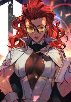 1girl black-framed_eyewear black_necktie breasts cleavage cleavage_cutout closed_mouth clothing_cutout crimson_viper dark-skinned_female dark_skin earrings gloves hair_slicked_back holding holding_tablet_pc hungry_clicker ink_splatter jacket jacket_on_shoulders jewelry lips long_hair looking_to_the_side mature_female muscular muscular_female necktie necktie_aside popped_collar purple_eyes red_hair solo street_fighter street_fighter_6 sunglasses tablet_pc tinted_eyewear toned upper_body white_gloves white_jacket yellow-tinted_eyewear