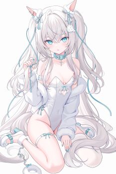 1girl absurdres ahoge animal_ears bare_shoulders belt_collar blue_eyes breasts cat_ears cat_girl cat_tail clothing_cutout collar covered_navel cutout_above_navel full_body fur_trim high_heels highleg highleg_leotard highres kitano_yukito leotard long_hair looking_at_viewer original parted_lips shoes simple_background single_thighhigh sitting small_breasts solo strapless strapless_leotard tail thigh_strap thighhighs two_side_up very_long_hair virtual_youtuber wariza white_background white_hair white_leotard white_shoes white_thighhighs