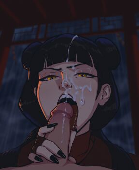 1girl avatar:_the_last_airbender avatar_legends black_hair black_nails commentary cum cum_on_body double_bun english_commentary facial fellatio fingernails hair_bun highres long_fingernails looking_at_viewer mai_(avatar) mrstranger oral penis tongue tongue_out uncensored yellow_eyes