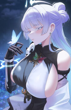 1girl absurdres alternate_breast_size_(larger) blue_eyes breasts bug butterfly butterfly_on_hand colored_eyelashes commentary dress earrings goddess_of_victory:_nikke highres huge_breasts insect jewelry long_hair looking_at_viewer nayuta_(nikke) night night_sky ocean prosthesis prosthetic_arm sideboob sky solo two-tone_dress very_long_hair white_eyelashes white_hair ziz_(pandora707)