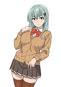 1girl absurdres aqua_eyes aqua_hair blush bone_namu_(namu49850) bow bowtie breasts brown_cardigan brown_skirt brown_thighhighs cardigan cowboy_shot hair_ornament hairclip highres kantai_collection large_breasts long_hair long_sleeves looking_at_viewer pleated_skirt red_bow red_bowtie shirt skirt smile solo suzuya_(kancolle) suzuya_kai_ni_(kancolle) thighhighs white_background white_shirt