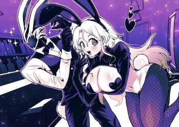 1boy 1girl :d adjusting_clothes adjusting_gloves animal_ear_hairband animal_ears arm_under_breasts bar_(place) bow bowtie breasts bunny_day cleavage commentary_request cowboy_shot fake_animal_ears fake_tail feet_up fishnet_pantyhose fishnets gloves greyscale hairband heart heart_pasties helmet high_heels hip_bones hopping large_breasts long_hair looking_at_viewer monochrome navel open_mouth original otyumamii pants pantyhose pasties purple_theme rabbit_ears rabbit_tail reverse_bunnysuit reverse_outfit ringed_eyes sharp_teeth shirt smile sparkle tail teeth vest