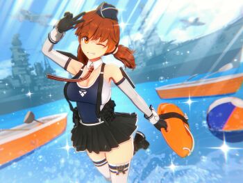 1girl anna_anon anna_skyler_(anna_anon) arm_up ball bare_shoulders beachball black_gloves black_skirt breasts brown_eyes brown_hair cleavage collar commentary detached_collar english_commentary eyes_visible_through_hair gloves grin hat highres large_breasts looking_at_viewer mini_hat miniskirt necktie one-piece_swimsuit one_eye_closed original pleated_skirt ship skirt smile solo standing swimsuit thighhighs twintails two-tone_one-piece_swimsuit water watercraft white_collar white_thighhighs zettai_ryouiki