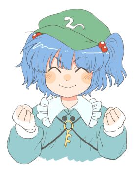 Rule 34 | 1girl, blue hair, blue shirt, blush, clenched hands, closed eyes, closed mouth, collared shirt, commentary request, facing viewer, frilled shirt collar, frills, green hat, hair bobbles, hair ornament, hat, hijiki (hijiri st), kawashiro nitori, key, long sleeves, looking at viewer, shirt, simple background, solo, touhou, two side up, upper body, white background