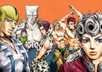 1other 6+boys abs absurdres animal_print araki_hirohiko_(style) arms_up beanie belt black_hair blonde_hair blue_eyes choker closed_mouth colored_skin commentary_request cow_print crossed_arms dio_brando donatello_versus earrings father_and_son giorno_giovanna green_belt green_shirt green_suspenders grey_hair hat hatching_(texture) heart_ornament helmet high_collar highres jacket jewelry jojo_no_kimyou_na_bouken jonathan_joestar kaib0y looking_at_viewer male_focus multicolored_hair multiple_boys muscular muscular_male orange_background orange_lips pants pectorals phantom_blood pink_jacket purple_choker purple_hair purple_hat rikiel shirt short_hair sleeveless sleeveless_shirt stardust_crusaders stone_mask_(jojo) stone_ocean suspenders teeth topless_male ungaro white_helmet white_shirt white_skin yellow_eyes yellow_pants