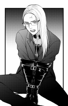1girl absurdres anger_vein bdsm bondage bound clenched_teeth collared_shirt feet_out_of_frame glasses greyscale highres jacket long_sleeves looking_at_viewer monochrome mugennitaberu original pants parted_lips rectangular_eyewear restrained rimless_eyewear shirt sitting solo suit_jacket teeth