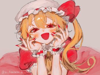 1girl :d a_kanimiso_a ascot blonde_hair blush bow dress eyelashes fingernails flandre_scarlet frilled_sleeves frilled_wrist_cuffs frills grey_background hair_between_eyes hands_up hashtag-only_commentary hat hat_bow highres long_hair looking_at_viewer mob_cap open_mouth puffy_short_sleeves puffy_sleeves red_bow red_dress red_eyes red_nails red_wrist_cuffs sharp_fingernails short_sleeves side_ponytail simple_background sketch smile solo touhou twitter_username white_hat wrist_cuffs yellow_ascot