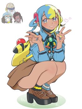 1girl 3boys alternate_costume backpack bag blue_eyes blue_shirt brown_shoes brown_skirt canari_(pokemon) clothing_cutout collared_shirt commentary_request double_v eyelashes grin hands_up heart highres jirai_kei looking_at_viewer mask mask_pull mouth_mask multiple_boys nail_polish naveen_(pokemon) nintendo pa.gu. poke_fan_(pokemon) pokemon pokemon_legends:_z-a shirt shoes shoulder_cutout skirt smile socks tarragon_(pokemon) teeth v yellow_bag