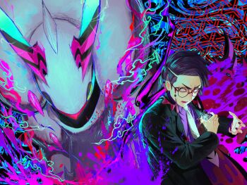 0x_lily 1boy abstract_background aqua_eyes armor black-framed_eyewear black_hair black_jacket black_pants bug centipede collared_shirt colored_sclera corbeau_(pokemon) eyewear_strap gen_5_pokemon glasses highres jacket long_sleeves looking_at_viewer mega_pokemon mega_scolipede mega_stone necktie nintendo open_clothes open_jacket open_mouth pants parted_hair pokemon pokemon_(creature) pokemon_legends:_z-a purple_hair purple_shirt round_eyewear scolipede shirt short_hair short_sideburns teeth undercut white_necktie yellow_eyes yellow_sclera