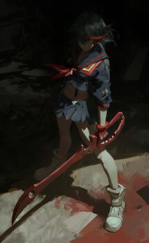 1girl absurdres black_hair black_serafuku black_skirt breasts brush_stroke commentary daodtt full_body gloves hashtag-only_commentary highres holding kill_la_kill matoi_ryuuko midriff miniskirt multicolored_hair pleated_skirt red_gloves red_streaks school_uniform scissor_blade_(kill_la_kill) senketsu serafuku shadow shoes short_hair skirt solo streaked_hair suspenders traditional_media weapon white_shoes