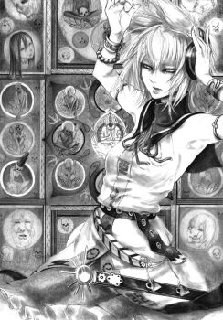 Rule 34 | 1girl, armpits, arms up, bead bracelet, beads, belt, bracelet, breasts, commentary request, cowboy shot, earmuffs, fingernails, frilled skirt, frills, greyscale, hane (azelye), highres, jewelry, looking at viewer, mandala, medium breasts, monochrome, neck ribbon, open mouth, painting (object), pointy hair, ribbon, ritual baton, shirt, short hair, skirt, sleeveless, sleeveless shirt, solo, touhou, toyosatomimi no miko