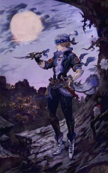 1boy 2c arm_ribbon black_gloves black_jacket black_pants blue_ribbon boots cave creature dagger final_fantasy final_fantasy_vi fingerless_gloves full_body full_moon gloves grey_hair headscarf highres holding holding_dagger holding_knife holding_weapon jacket jewelry knife locke_cole male_focus moogle moon necklace pants parted_bangs print_shirt ribbon sash shirt short_hair single_fingerless_glove waist_sash weapon white_boots
