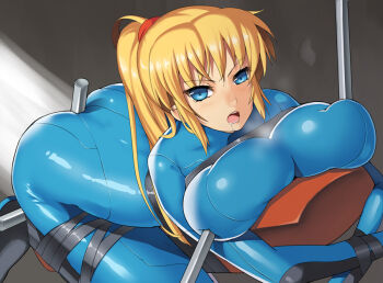 1girl alternate_breast_size_(larger) ass bad_id bad_pixiv_id bdsm between_buttocks blonde_hair blue_eyes blush bodysuit bondage bound breast_press breasts breasts_squeezed_together deep_skin drooling female_focus huge_breasts long_hair metroid nagase_haruhito nintendo poking ponytail restrained saliva samus_aran skin_tight solo wince zero_suit