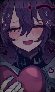 1boy :d black_background black_shirt blush closed_eyes facing_viewer genshin_impact gloves hair_between_eyes hashtag-only_commentary heart highres holding holding_heart jacket kyukyu_tata male_focus mini_durin_(genshin_impact) mini_durin_(human)_(genshin_impact) open_mouth purple_hair shirt short_hair smile solo sparkle white_gloves