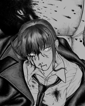 bleeding blood blood_from_mouth blood_in_hair blood_on_clothes blood_on_face blood_on_hands blood_splatter business_suit chainsaw_man death formal_clothes greyscale highres implied_murder injury looking_at_viewer makima_(chainsaw_man) monochrome murder necktie nosebleed otataru0806 ringed_eyes shirt_tucked_in suit