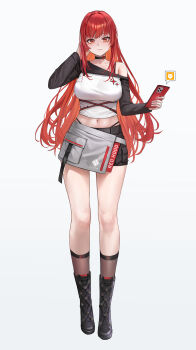 1girl absurdres alternate_costume black_boots black_skirt boots breasts cellphone commentary full_body goddess_of_victory:_nikke highres holding holding_phone large_breasts long_hair looking_at_viewer midriff navel phone phusit rapi_(nikke) rapi_(red_hood)_(nikke) red_eyes red_hair shirt simple_background skirt smartphone solo very_long_hair white_background white_shirt