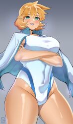 Rule 34 | 1girl, abs, absurdres, breasts, ceroccb, competition swimsuit, cowboy shot, creatures (company), curvy, game freak, green eyes, highres, huge breasts, jacket, large breasts, legs, misty (pokemon), navel, nintendo, one-piece swimsuit, open clothes, open jacket, orange hair, pokemon, pokemon hgss, simple background, skin tight, smile, solo, standing, swimsuit, thick thighs, thighs, white one-piece swimsuit, wide hips