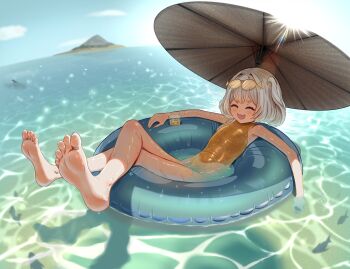 1girl :3 absurdres barefoot blonde_hair blush closed_eyes cloud commentary crossed_legs cup dot_nose drinking_glass drinking_straw english_commentary eyewear_on_head fish flat_chest gold_one-piece_swimsuit hair_intakes happy highres juice lying marimari_(vtuber) medium_hair mountain navel ocean on_back one-piece_swimsuit open_mouth parasol partially_submerged phase_connect shade shark short_eyebrows sky spooboops sun sunglasses swim_ring swimsuit umbrella untranslatable_commentary virtual_youtuber water wet