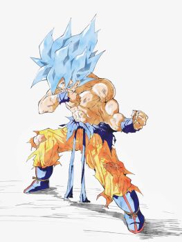Rule 34 | abs, battle damage, blue boots, blue eyes, blue hair, boots, dragon ball, dragon ball super, dragonball z, full body, highres, male focus, medium hair, muscular, muscular male, orange pants, pants, pato007711, simple background, son goku, spiked hair, standing, super saiyan, super saiyan blue, topless male, white background